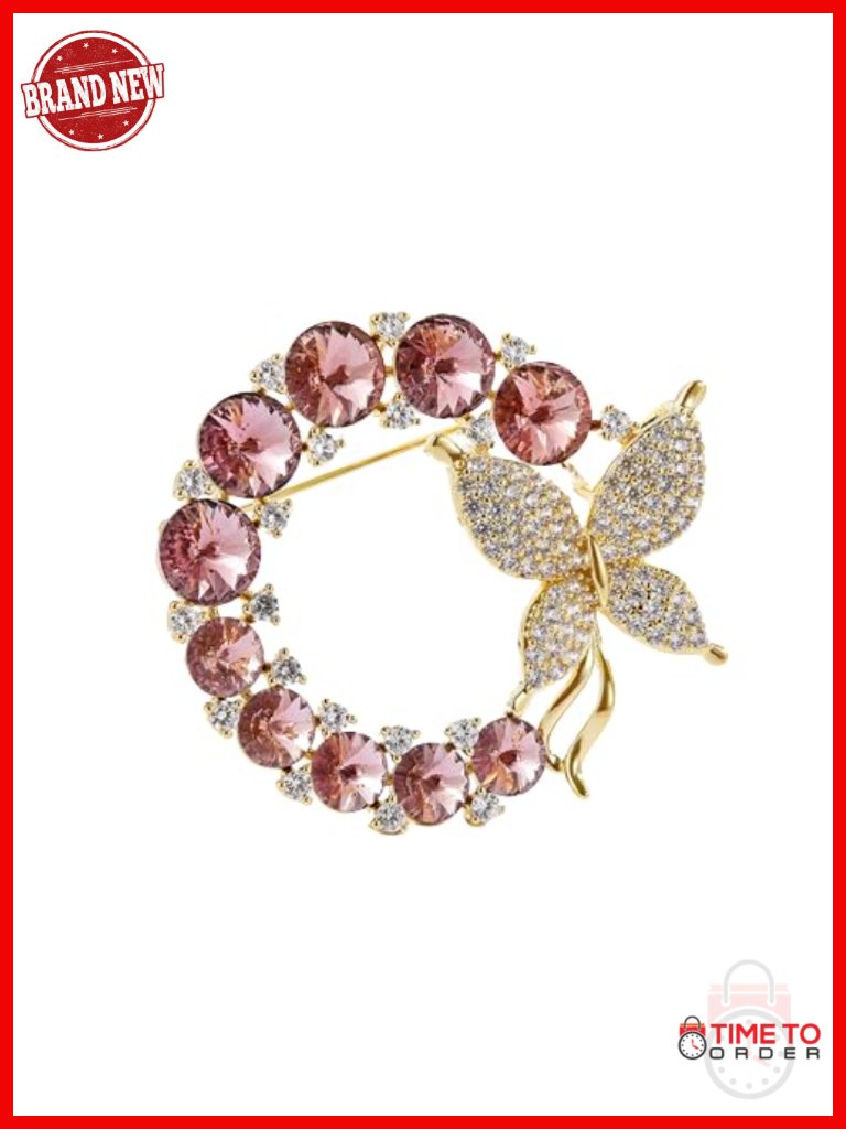 14k Gold Butterfly Brooch With Crystal And Natural Pearl